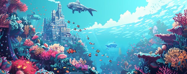 A pixelated underwater coral reef conservation project with divers and submarines