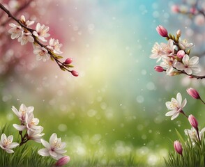Spring background with blooming sakura tree and bokeh lights