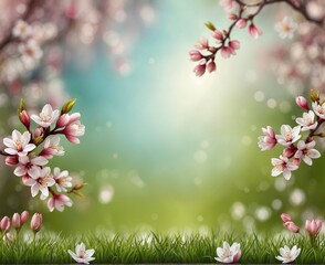 Spring background with blooming cherry tree branches and green grass with bokeh