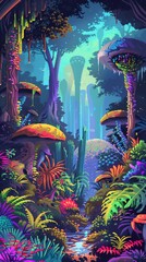 Alien planet pixel landscape with exotic flora and fauna, bright colors and fantastical elements