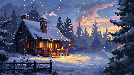 Cozy pixel art cabin in a snowy landscape, warm lights glowing through windows, serene and inviting