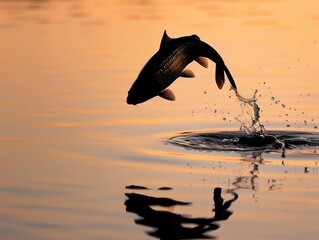 Rainbow trout jumping out of the water at sunset. Wildlife scene.