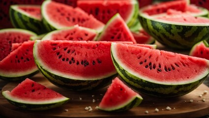 Watermelon Slices on Wooden Board: Close-up of juicy watermelon slices on a rustic wooden board, capturing the vibrant red flesh, black seeds, and green rind. A delightful summer treat, perfect for re