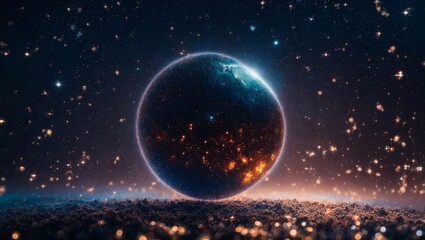 Cosmic Dawn: A lone planet, ablaze with the embers of creation, hangs suspended in a sea of stars. 