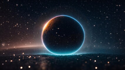 Fototapeta premium Cosmic Horizon: A celestial sphere with a vibrant, neon blue halo, bathed in the soft glow of distant stars, evokes the mystery and awe of the vast universe. 