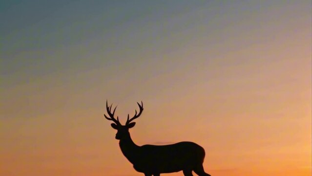 Portrait of a deer standing proudly on a mountain peak with a sunset background