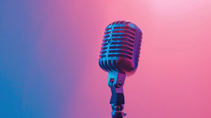 single microphone on arm standing on soft pink studio purple gradient background created with Generative AI Technology - obrazy, fototapety, plakaty