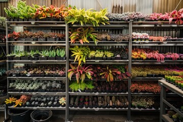 A room is filled with a diverse array of plants, showcasing different species and sizes in a botanical research facility