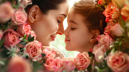 A mother and daughter affectionately nuzzle within a floral heart, symbolizing love and Mother's Day. Copy space , Ai generated image
