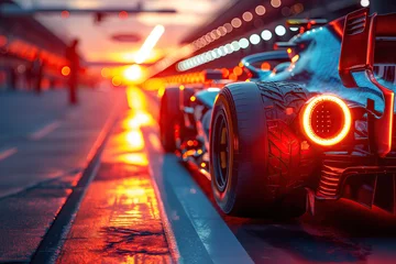 Rolgordijnen zonder boren back light of blue formula one racing car on start race at evening © alexkoral