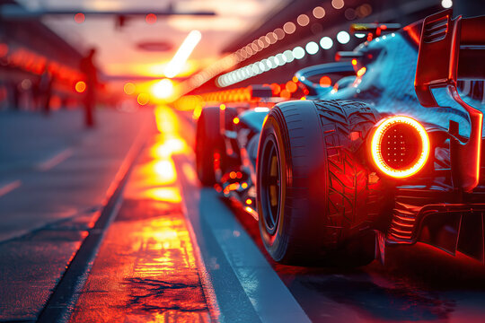 back light of blue formula one racing car on start race at evening