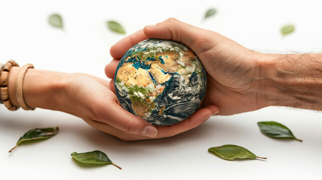a beautifull image of close up on a hand shake helping hand of two people, behind there hands is a globe and inside their hands has leaves coming out. white background