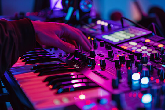 Music producer or DJ at work in a personal recording space, immersed in an array of digital audio workstations and synthesizers