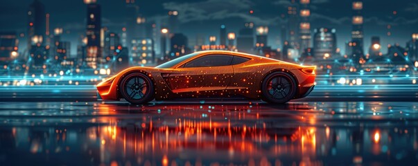Silhouette of an electric sports car against the backdrop of a technologically advanced smart city, showcasing its integration into future lifestyles
