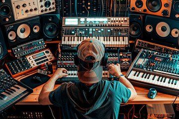 Music producer or DJ at work in a personal recording space, immersed in an array of digital audio workstations and synthesizers