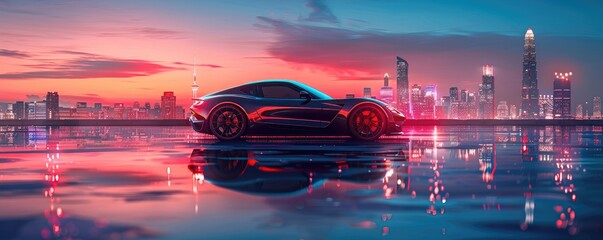 Silhouette of an electric sports car against the backdrop of a technologically advanced smart city, showcasing its integration into future lifestyles