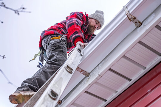 Individual on a ladder, tending to the cleaning of residential gutters