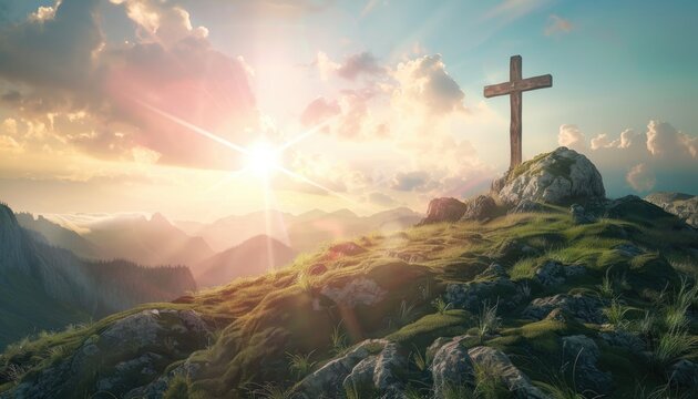 A cross is on a hill with a beautiful sunset in the background by AI generated image