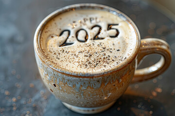 Cappuccino mug featuring "2025" inscribed in the frothy surface, heralding the New Year celebration