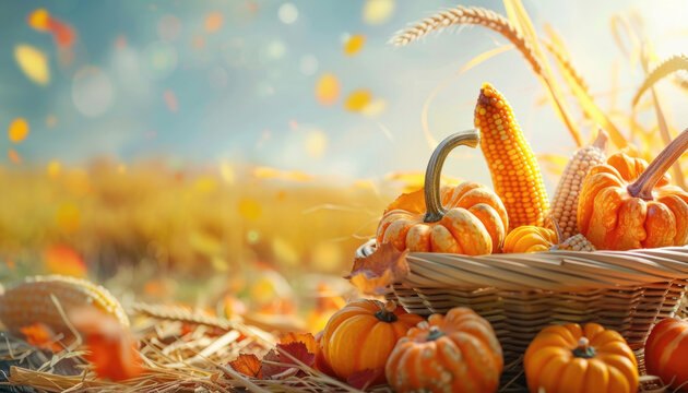 A basket full of pumpkins and corn sits in a field by AI generated image