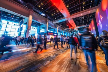 A bustling scene as a large group of people walk around a building during a tech conference