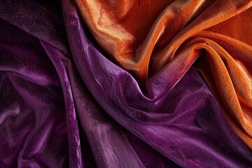 Luxurious purple and orange silky fabrics with sparkling textures.