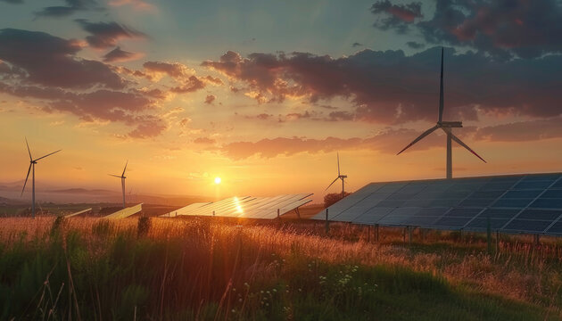 A field of wind turbines with the sun setting in the background by AI generated image