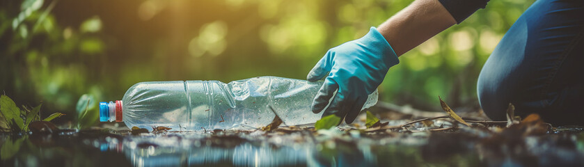 A hand with a blue glove picks up a plastic bottle from the ground.