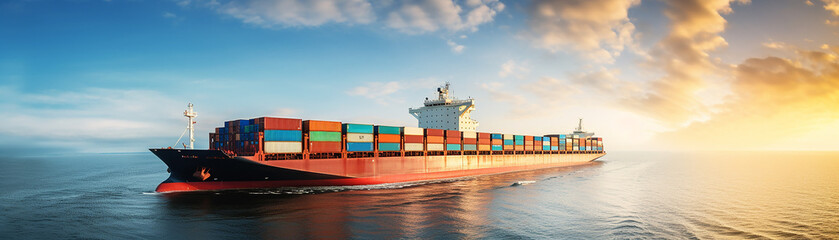 Naklejka premium A large container ship sails across the ocean at sunset.