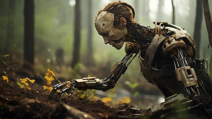 A lone robot explores a lush alien forest