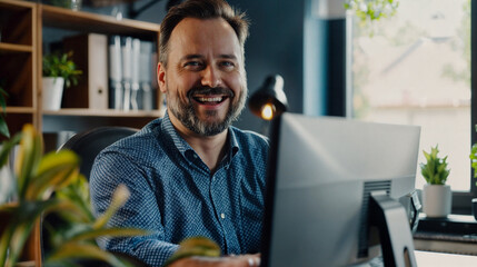 Joyful smiling man sitting in a office and using a computer. 