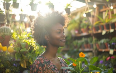 Black woman working in a garden center among plants. Generative AI