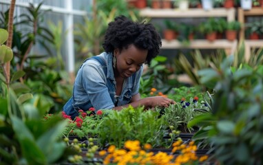 Black woman working in a garden center among plants. Generative AI