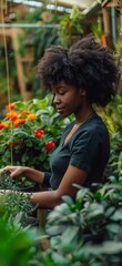 Black woman working in a garden center among plants. Generative AI