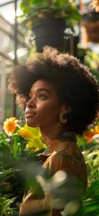 Black woman working in a garden center among plants. Generative AI