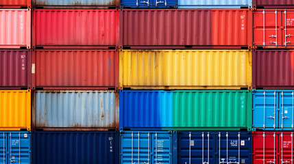 Fototapeta premium A photo of a bunch of colorful shipping containers stacked up.