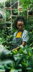 Black woman working in a garden center among plants. Generative AI
