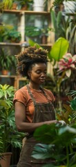 Black woman working in a garden center among plants. Generative AI