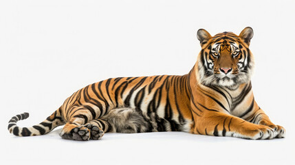 Obraz premium Siberian tiger full body lying down posture isolated on white background 