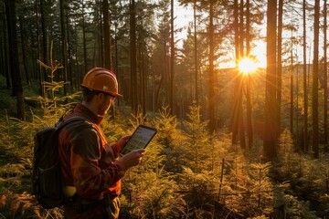 A man wearing a hard hat is focused on a tablet screen in a forest setting