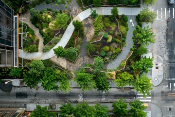 Overhead perspective of a park with lush green trees and pathways