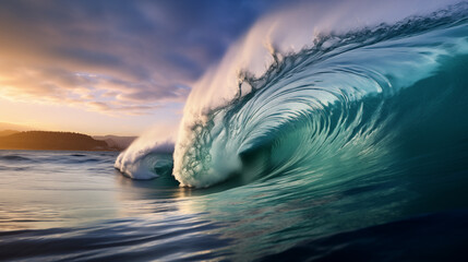 A powerful cresting wave captures the tranquil beauty of sunset over the ocean.