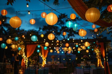 A cluster of vibrant paper lanterns hanging from the ceiling in an open-air venue, creating a festive and colorful ambiance - Powered by Adobe