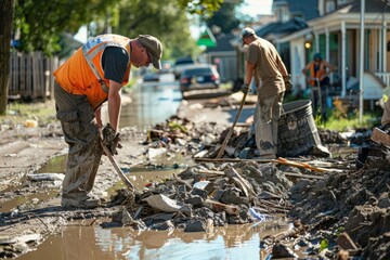 Two men are actively shoveling through a muddy street to clean up debris after a flood disaster - obrazy, fototapety, plakaty