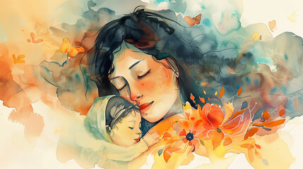 Express Gratitude to Mom, Touching Watercolor Design of Mother and Child Embrace, Ai generated image