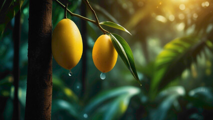 mango fruits especially in summer abstract  background in yellow  deep color hung on the trees with water lying on the peel of the mango fruits abstract background of fruits  - obrazy, fototapety, plakaty
