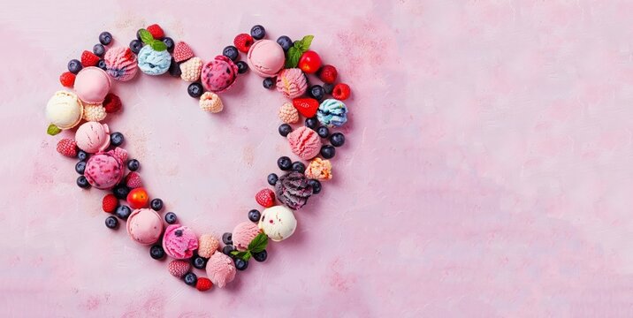 Assorted  various colorful fruits ice laid out in the shape of a heart on light pink background.  Fruits ice cream balls and berries, Summer cool desserts concept. World ice cream day, Place for text