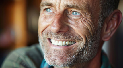 happy smiling closeup face of middle-aged man male with Healthy white teeth and his mustache beard seen from the side