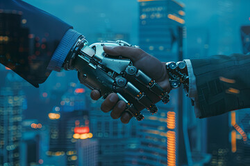 Android robotic hand engaging in a handshake with a human businessman, set against a cityscape bathed in a cool blue hue