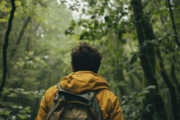Obraz premium An individual is depicted in an unposed, introspective instant, strolling mindfully through a verdant woodland, exemplifying a tranquil connection with the natural world